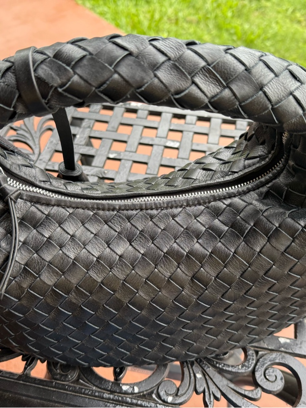 Handcrafted Woven Black Leather Hobo Bag Oversized Braided Handle Tassel Purse - Picture 6 of 7